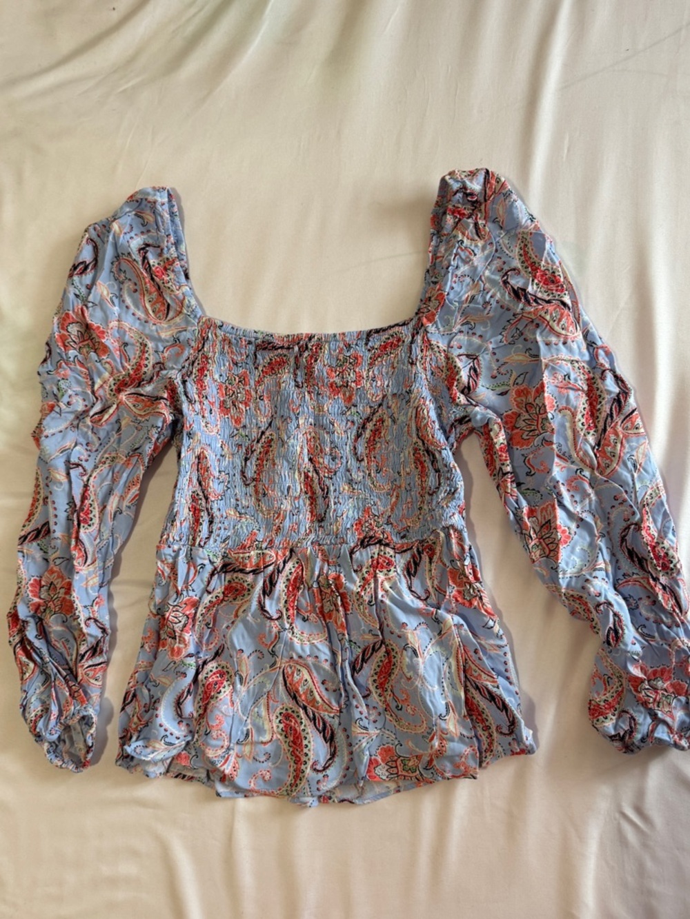 Smocked Square-Neck Long Sleeve Floral Blouse